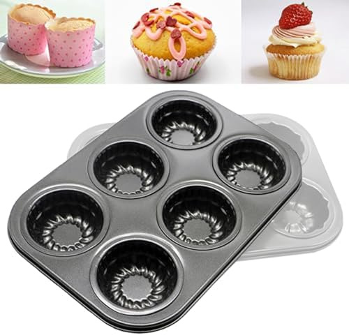 UGpine 6-Cavity-Cup Mini Cake Mould, Cute DIY Cake Baking Pan, Non-Stick Removable Round Carbon Steel Mould for Bagels/Cupcakes/Muffins/Pies, Baking Tools for Home/Kitchen/Bake Store (1Pack)