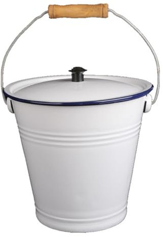 BURLOE Emaille Eimer, Metall Wassereimer Mit Holzgriff Eiskübel Milchkännchen Vase Milcheimer Nachttopf Spucknapf Urinal Ascheeimer Kaminbesteck,Weiß,4.5L