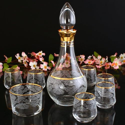 golden pet Zamzam Drinking Serving Cups Set, Total 8 Pieces-6 Glass Zamzam Water Cups, 1 Bottle Carafe and 1 Date Bowl, After Hajj and Umrah Essentials, Hajj Souvenir from Mecca (Golden Color)