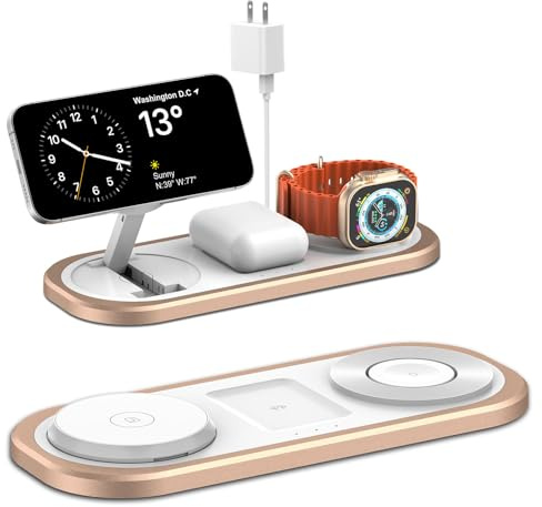 3 in 1 Fast Wireless Charger Stand for iPhone, Foldable Travel Charging Station for Magsafe for iPhone 17/Air/16/15/14/13/12 Series, Apple Watch Series, AirPods pro/2/3/4, Gifts for Women Men (Golden)