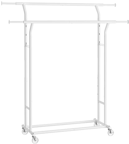 SONGMICS Kleiderständer auf Rollen, Garderobenständer aus Metall, Garderobenstange, Kleiderstange ausziehbar, höhenverstellbar, mattweiß HSR012W01