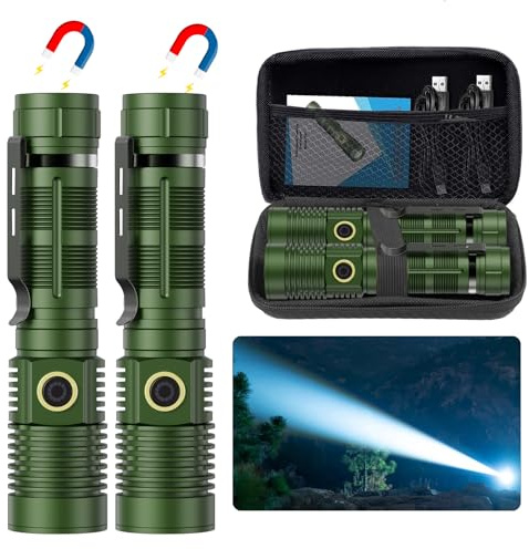 Small Tactical Flashlights 20000 High Lumens - 1500M Long Beam Super Bright LED Flashlight Magnetic USB Rechargeable Zoomable 5Modes Long Beam Spotlight Flashlight for Hiking, Camping Green