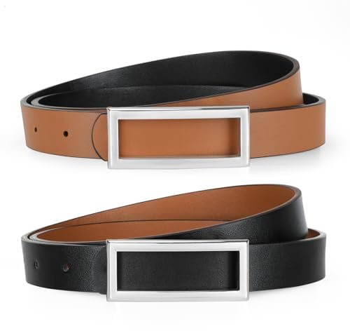 VONMELLI Schmaler Wendegürtel für Damen, Dünner Ledergürtel für Kleider Jeans Hosen mit goldener Schnalle Schwarz/Braun Silberne SchnalleM