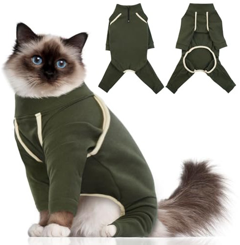 Katzinst Katzenpullover,Katzenbekleidung aus Klebrigem Fell mit Reißverschlüssen,Katzenpyjamas, 4-beinige Katzenbekleidung, Vorbeugung von Haarausfall,Katzenbody Langarm, (Grün,L)