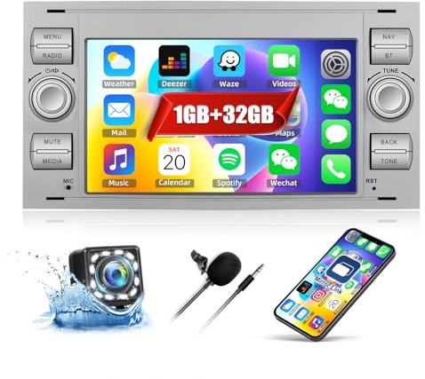 CAMECHO 1G+32G Android Car Stereo for Ford Focus Fiesta Kuga Transit Connect Mondeo S-Max C-Max Galaxy 7 Touch Screen Car Radio with GPS Navigation Bluetooth WiFi FM Reverse Camera Head Unit (White)