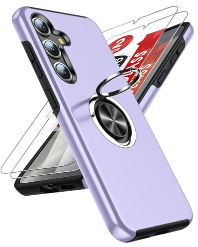 LeYi for Samsung Galaxy S25 Plus Phone Case and 2 Tempered Screen Protector | Invisible Metal Ring Stand Holder Shockproof Protective Cover for Samsung Galaxy S25 Plus - Purple
