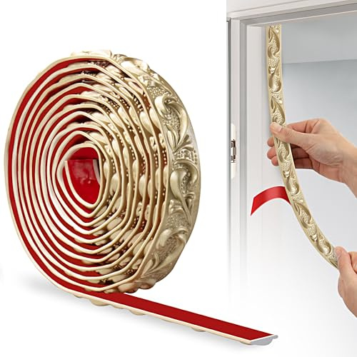 JUNART PVC Flexible Selbstklebende Zierstreifen, 300cm×2cm, 3D-Tapetenbordüren, Wandleisten Selbstklebend und Stuckleisten Wand Eignen Sich für Spiegelkanten, Schränke und Wände(Champagner Gold)