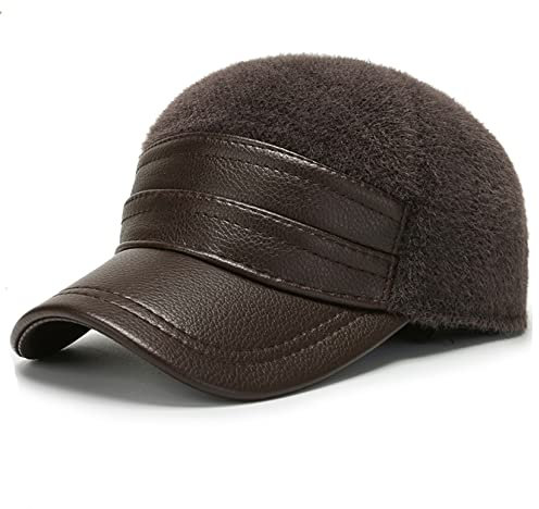 Winter-Baseballmütze aus Leder mit Ohrenklappen, weiche Herrenmütze, Jagdmütze, Papa-Mütze für Herbst und Winter, Schwarz, 56–60 cm (Braun, 56 cm)