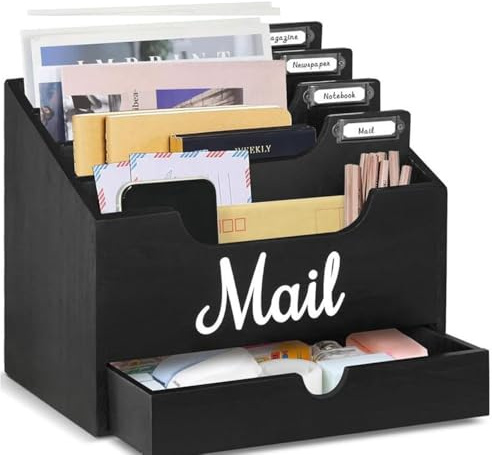 Niciksty Organizzatore di Posta da Scrivania in Legno con 4 scomparti e cassetto, Organizzatore per Cartelle di Carta e Lettere, Organizer per Cartelle per Scrivania per Lettere Cancelleria, Nero