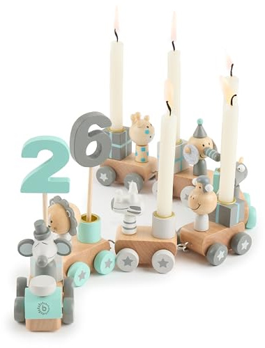Bieco Geburtstagszug Holz - Scandi Look 0-99 Jahre mit 6 Kerzen - Tischdeko Kindergeburtstag Kerzen Geburtstag Zug Geburtstagszug Mädchen Geburtstagskranz Geburtstagskerzen Zug Geburtstagsring Deko