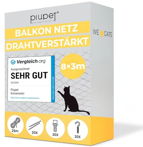 PiuPet® Filet pour Chat renforcé en Fil de Fer I 8 x 3 m I Vert I Kit de Fixation Inclus I Filet pour Chat pour Balcon