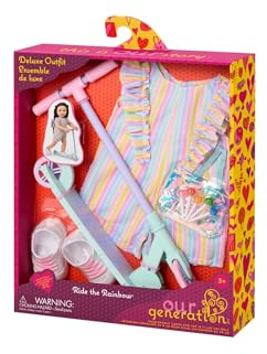 Our Generation – Puppenkleidung und -zubehör (46 cm) – Stylisches Strampler-Outfit mit Regenbogenstreifen – Puppenroller, Rucksack und Lutscher – Ride The Rainbow – Spielzeug für Kinder ab 3 Jahren