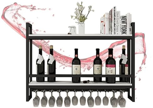 Weinregal Klein Metall Bar Regal Wand Flaschenregal Schmal Weinschrank Wine Rack mit Weinglashalter Weinhalter Regal Küche Wand Weinständer für Esszimmer Home Bar Küche Bartheke(Nero,60cm/23.6in)