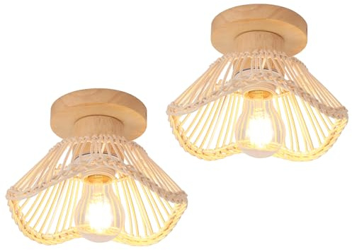 LIGKIN 2 Pezzi Plafoniera in Bambù Intrecciati a mano Lampadario Ø22CM Paralume in Rattan E27 Legno Lampada da soffitto Vintage per Camera Scala Corridoio