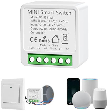Interruttore WiFi, 16A Interruttore Smart Life, Interruttori Intelligente Relé WiFi, Alexa Interruttori Luce, Supporta il Controllo Vocale, Cavo Neutro Richiesto, Timer Fai Da