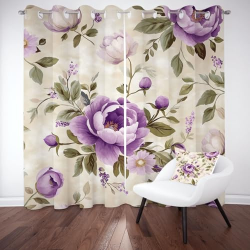 Vintage Floral Blackout Curtains Peony Design 2-Piece Set with Grommets Rustic Thermo Curtains 260x140 cm Insulating Drapes for Living Room & Bedroom