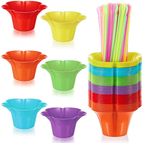 Boao Bunte Schneekegel-Becher mit Löffel, Strohhalm, Blumenform, Kunststoff, auslaufsicher, rasierte Eisschale, wiederverwendbar, Snackbecher für Kindergeburtstag, Hawaii-Partyzubehör, einfacher Griff