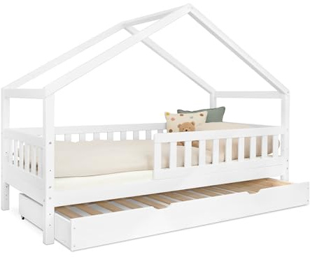 Ehrenkind® Panorama Hausbett Lille 90x200 cm aus Kiefer Massivholz | FSC®-Zertifiziert | 2-in-1 Kinderbett mit Dachgiebel & Bettkasten | Weiß