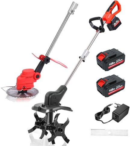 21V Electric Garden Rotavator with LED Display, 300 RPM Cordless Double Drum 4 Blades Tiller & 8 lawnmower Combo, 30cm Tilling Width, Battery Tiller Single battery 198TV Battery