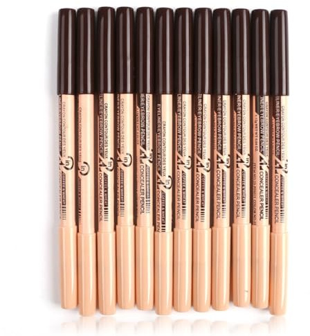 QUXVUIS Lápiz corrector delineador de ojos multifuncional de doble cabeza, lápiz marrón para ojos, 12 piezas, maquillaje a prueba manchas para principiantes