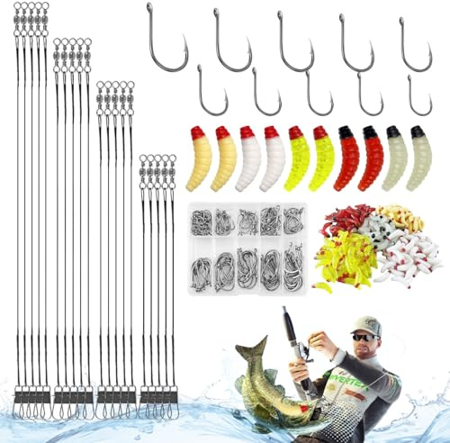 Kit de Pesca con 370 Artículos 100 Anzuelos de Pesca en Acero Carbono (3-12#) en Estuche 250 Señuelos Black Bass PVC (5 Color) 20 Alambre Guía Acero (15/20/25/30 cm) Señuelos para Pescar Noche/Fondo