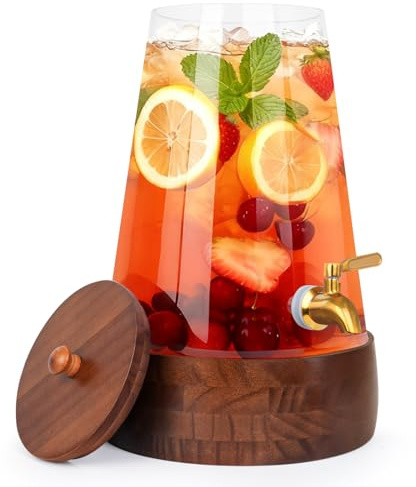 Aislinglen Getränkespender 6.5L aus Glas mit Edelstahl-Zapfhahn (Vorinstalliert), Saftspender mit Deckel & Ständer aus Akazienholz, Wasserspender für Limonade, Bowle, Party, Garten & Buffet
