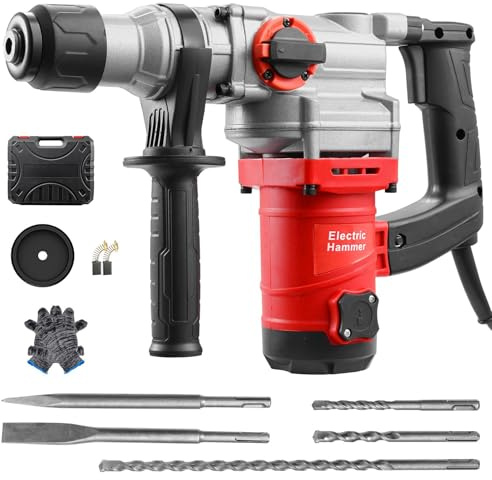 Bohrhammer SDS-Plus Schlagbohrmaschine - 1500W Abbruchhammer, Multifunktional (Bohren/Schlagen/Kielen) mit 5 Bohrköpfen, Max 3300 BPM, 2 Betriebsmodi, 360° Drehgriff, für Beton, Mauerwerk, Stahl, Holz