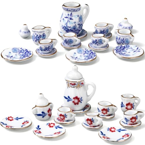 Geiserailie Juego de 2 tazas de té de porcelana en miniatura de casa de muñecas 1:12, 30 piezas con patrón de mini flores con ribete dorado, taza de tetera, plato, accesorios de cocina para casa de