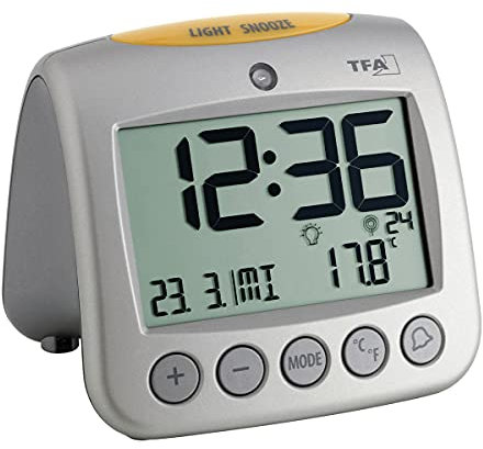 TFA Dostmann Sonio Digitaler Funk-Wecker, 60.2514, mit Temperaturanzeige, Wochentag und Datum, 11,2 x 9,8 x 11 cm, silber, Kunststoff