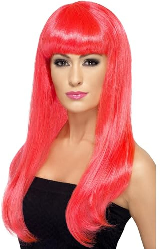 Smiffys Babelicious Perücke, Neon-Rosa, Lang, Glatt mit Pony Halloween
