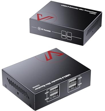 AV Access USB Extender，USB Over Ethernet Rj45 über Cat5e/6/6a/7 Bis zu 60m, 4 Port USB2.0 für Tastatur/Maus/Gamepad, Two Webcam Work Sync, Supports Windows, MacOS, Android, Linux, No Driver（U2EX50）