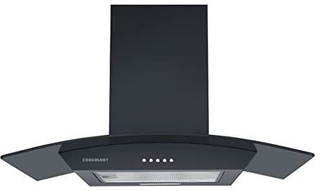 Cookology Curved Glass Chimney Cooker Hood, Energy A Rated Wall Mounted Extractor Fan, LED lighting, Adjustable Height (Black, 70cm)