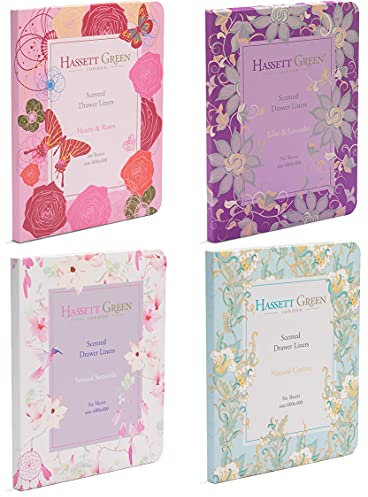 Hassett Green London Schubladeneinlagen Grün Vier Pack - Natürliche Baumwolle - Lavendel Vanille - Herz & Rosen Sensual Sensuelle - 6 Blatt Größe 60 x 40 cm Jede Box