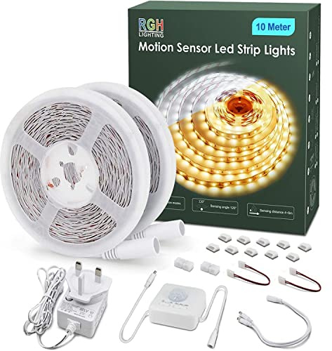 Motion Sensor Led Strip Lights 10 Meters, 6000k White Led Light Strip Day or Night Motion Activated 2 Modes for Cabinet Kitchen Living Room Bedroom Stair Decor