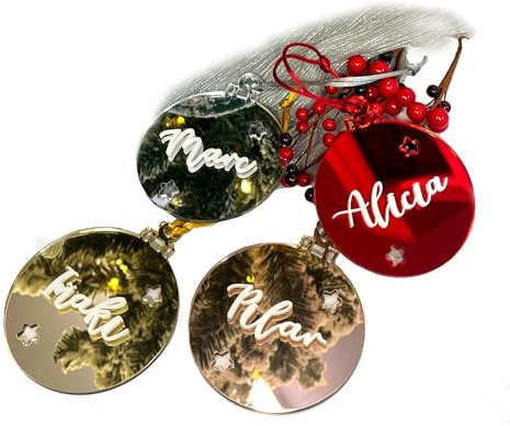 Qukimax® Bola Metacrilato Espejo con Nombre en Relieve Blanco | Adorno para Árbol de Navidad, Plata, Rojo, Oro, Rosa Espejo
