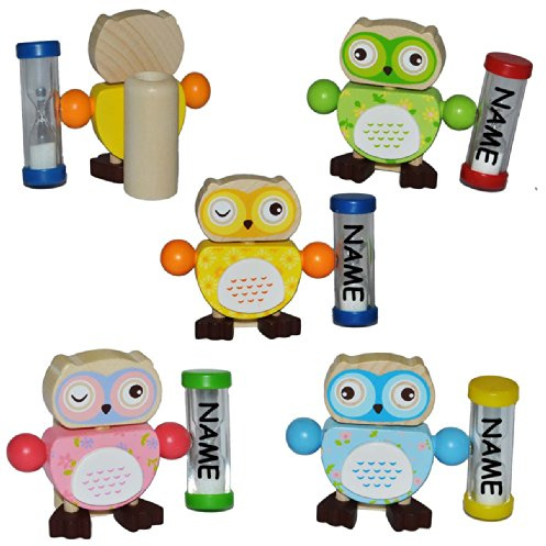 alles-meine.de GmbH Zahnbürstenhalter & Zahnputzuhr - lustige Eule mitSanduhr incl. Name für Jungen - Eulen aus Holz für die Zahnbürste Kinder/zum Zähneputzen für 3 Minuten..