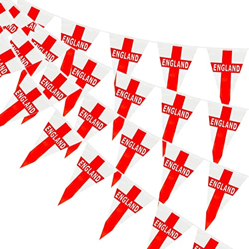 AhfuLife England St George Bunting 30pcs Flags for St. George's Day Decorations, Double Sided Triangular Fabric Bunting for Rugby Football World Cup Party Decor (14 x 21 cm - 10m, 1 Pack)