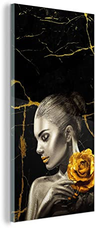Glasbild Glasfoto Wandbild Bilder Deko 40x80 cm Frauen - Rosen - Gold - Marmor