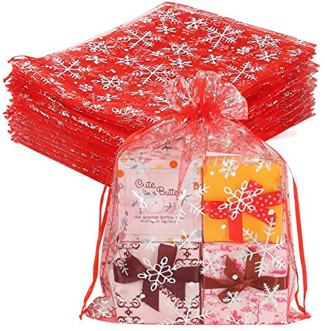 YQL 100 Stück Gross Organzasäckchen Weihnachten, 17x23cm Rot Organza Säckchen, Schneeflocke Säckchen mit Zugband, Schmuckbeutel, Geschenkbeutel für Weihnachtsseife, Schmuck, Süßigkeiten, Make-up