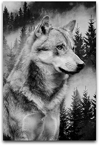 LBMED GemäLde Auf Leinwand Wolf Forest Schwarz-Weiß-Poster zur Raumdekoration Wandkunst Malerei Poster Druckt Bilder 19.7x27.6(50x70cm) Kein Rahmen