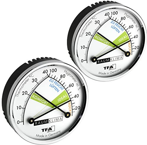 TFA Dostmann Thermo Analoges Thermometer Hygrometer mit Metallring, Luftfeuchtigkeitsmessgerät, Mehrfarbig, L 71 x B 23 x H 71 mm, 2er Set