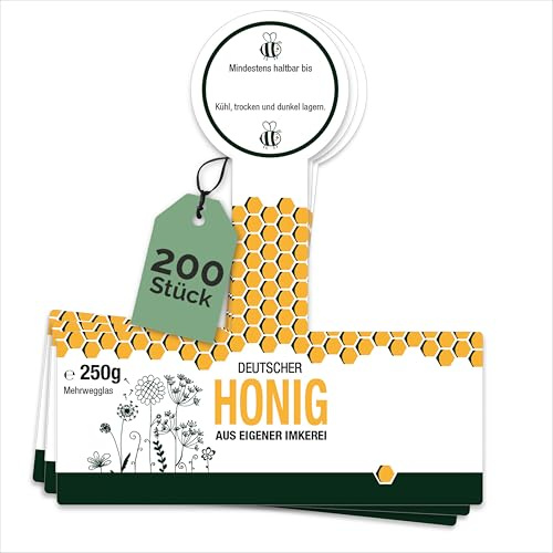 Apoidea – Honig Etiketten 250 g mit Gewährverschluss nassklebend – 200 Stück zum Stempeln/Etiketten Honiggläser/Honig Aufkleber für selbstgemachten Honig/Honigetiketten für Honiggläser