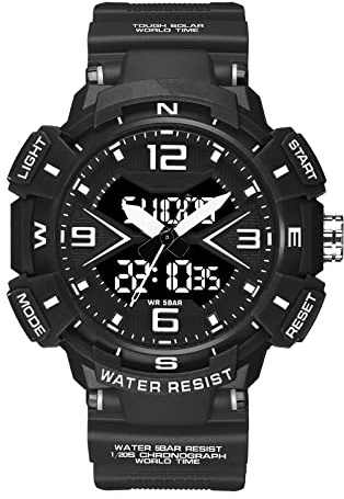 Herren-Armbanduhr, digitale Sportuhren für Herren, wasserdicht, Militär-Uhren mit LED-Leuchtfunktion, Alarm, multifunktionale Armbanduhr für Herren, Schwarz