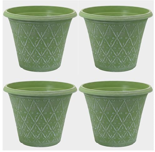 Fyne-Finds Set of 4 Round 30cm, 12inch Garden Plastic Material Plant Pot Moss Green Outdoor Planter Decorative Cover, Drainage Holes, Weather, Frost Proof