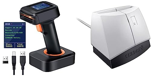Tera 2D HW006 Barcode-Scanner, kabellos, QR-Code-Scanner mit Bluetooth, Zeitanzeige, Bildschirm, Batteriestandsanzeige Ladestation & CHERRY SmartTerminal ST-1144UB USB cardreader Pale Grey