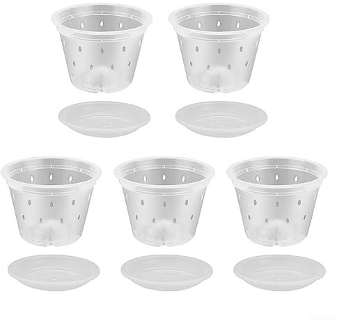Macetas transparentes con agujeros, 5 macetas transparentes para orquídeas con agujeros, platillos para control de raíces, maceta de malla transparente (15 x 11 cm)
