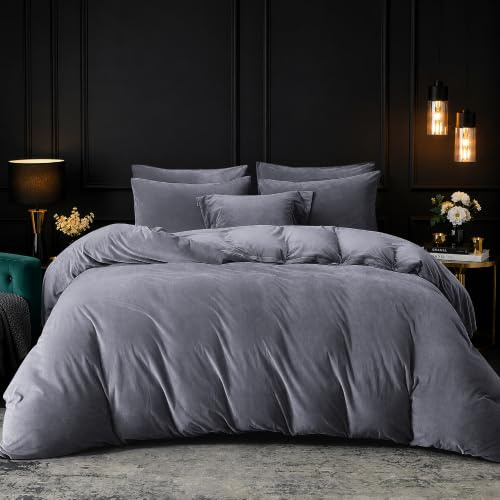 Luowei Biancheria da letto calda 135 x 200 cm, in pile grigio felpato, set copripiumino invernale e federa 80 x 80 cm, con chiusura lampo