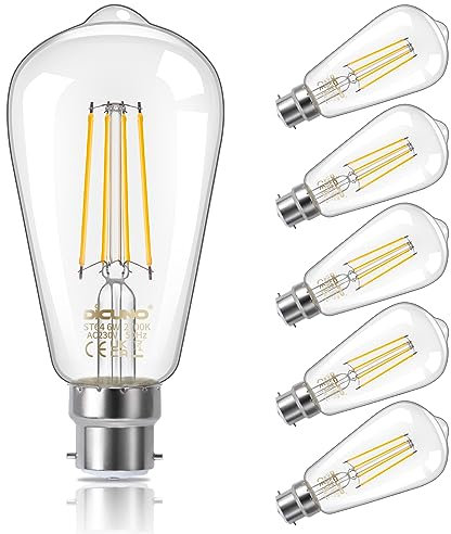 DiCUNO Vintage Edison Light Bulb B22 Bayonet Light ST64, 6W Equivalent to 60W, Filament Clear LED Bulb, Warm White 2700K, 810LM, Non-dimmable, 6 Pcs