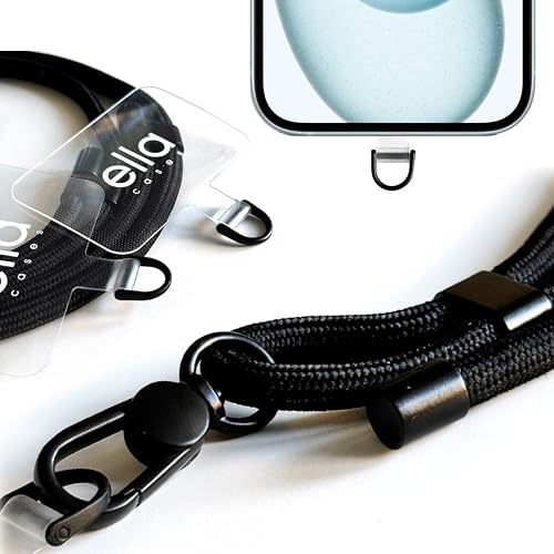 ella cases Handykette Universal 50-170cm zum Umhängen Schwarz kompatibel mit iPhone, Samsung, Huawei und Allen weiteren Herstellern, Band einzeln mit 2 Pads - ohne Hülle