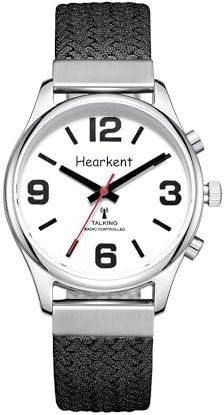 Hearkent Reloj parlante inglés británico para mujeres con números grandes autoajustable para personas con discapacidad visual, ciegos o ancianos, Nylon Negro, Clásico
